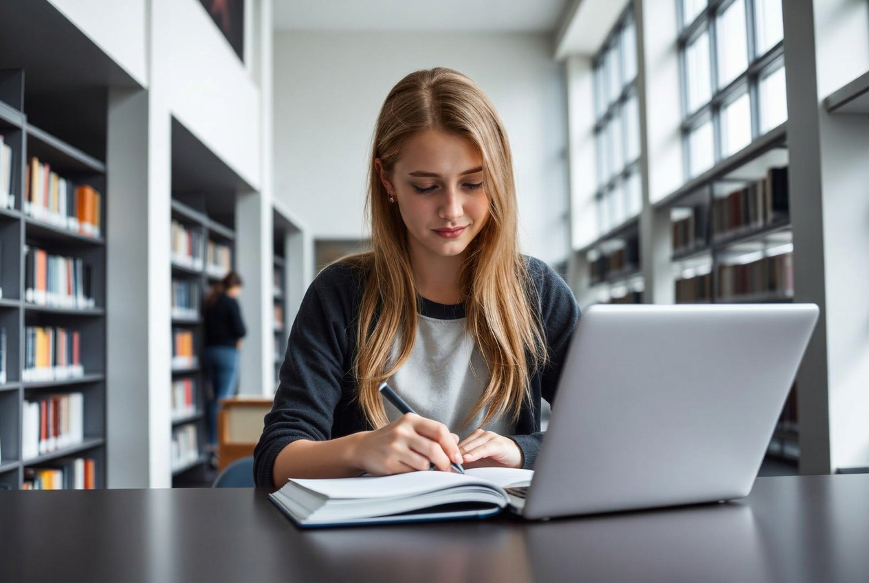 Blonde high-school student completing accredited coursework in a modern library