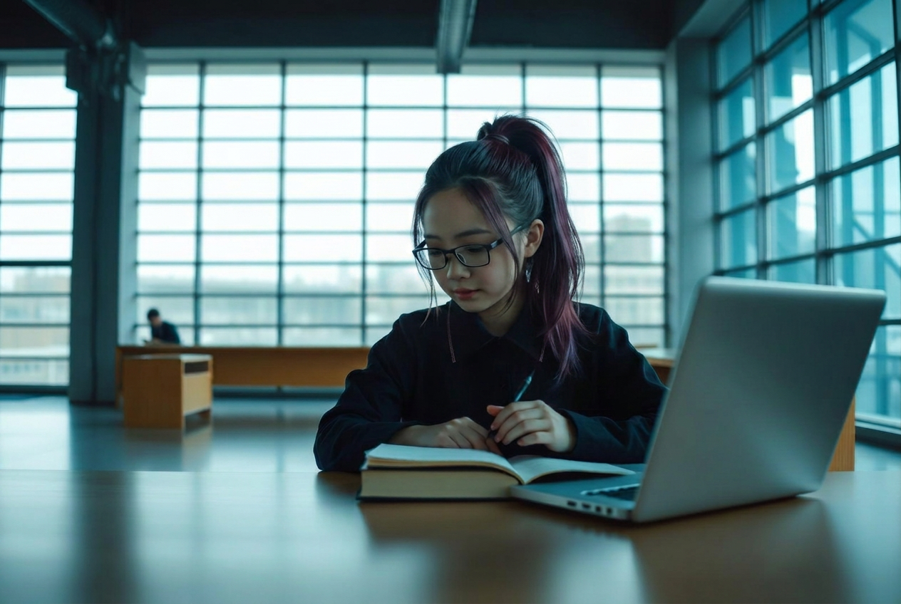 Asian middle-school student with a highlighted high ponytail studying independently with a laptop and notebook