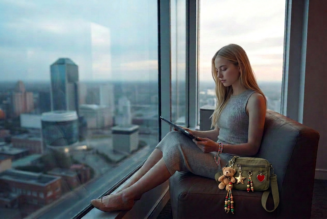 Blonde student studying while traveling beside a city view