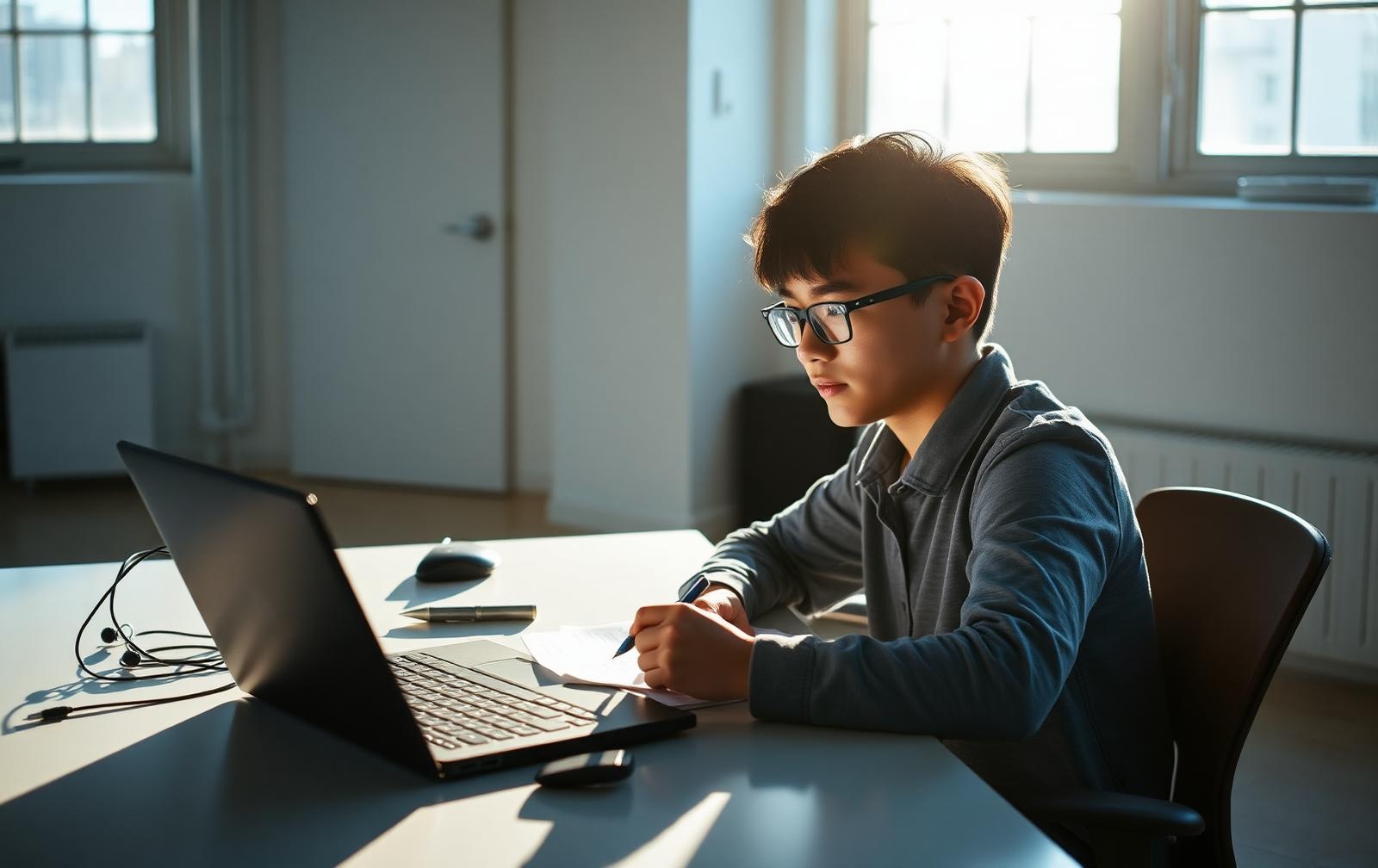 Asian student working through a flexible online lesson at a sunlit desk