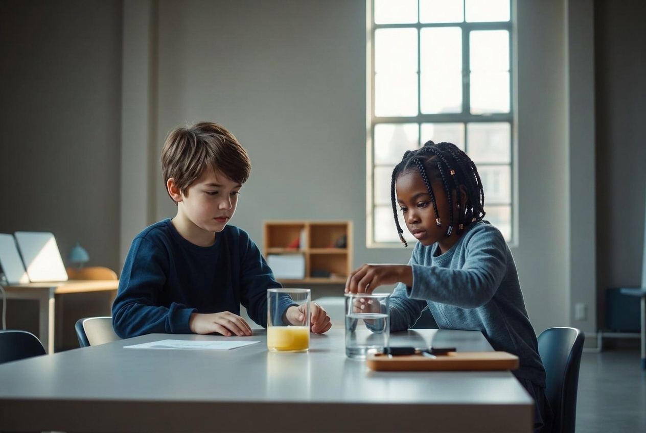 A Black girl and white boy collaborating on a hands-on science project