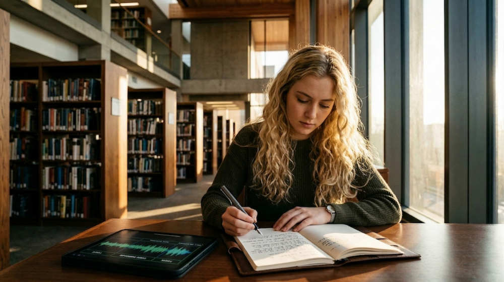 Student writing in a journal with an AI-powered tablet beside her